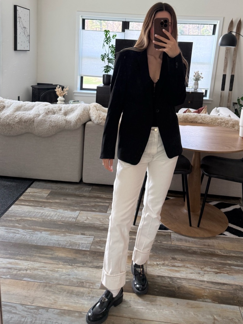 Zara Black Blazer with White Straight-Leg Pants